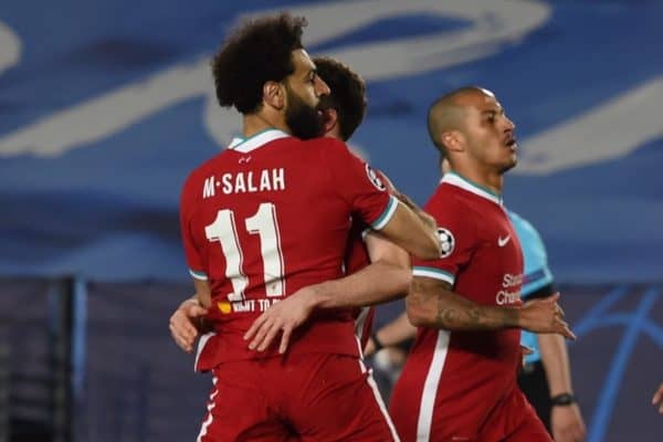 MADRID, SPAIN - Tuesday, April 6, 2021: Liverpool's Mohamed Salah celebrates after his side's only goal during the UEFA Champions League Quarter-Final 1st Leg game between Real Madird CF and Liverpool FC at the Estadio Alfredo Di Stefano. (Pic by Propaganda)