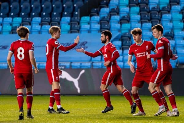 MANCHESTER, ENGLAND - Friday, April 9, 2021: Liverpool's Joe Hardy (C) celebrates after scoring the second goal to equalise the score at 2-2 during the Premier League 2 Division 1 match between Manchester City FC Under-23's and Liverpool FC Under-23's at the Academy Stadium. (Pic by Jon Super/Propaganda)