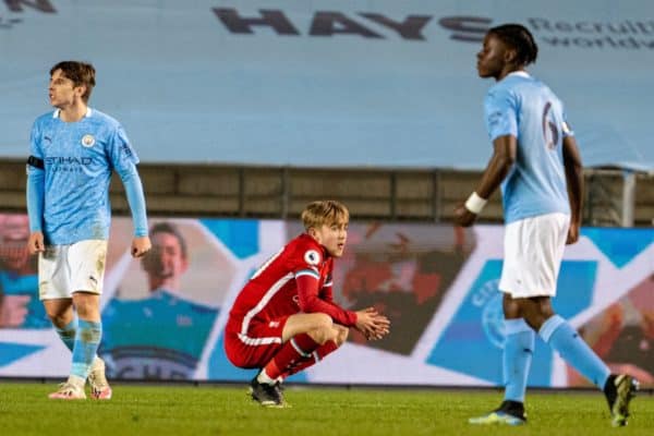 MANCHESTER, ENGLAND - Friday, April 9, 2021: Liverpool's Jake Cain looks dejected after Manchester City score a late winning goal during the Premier League 2 Division 1 match between Manchester City FC Under-23's and Liverpool FC Under-23's at the Academy Stadium. Manchester City won 3-2. (Pic by Jon Super/Propaganda)