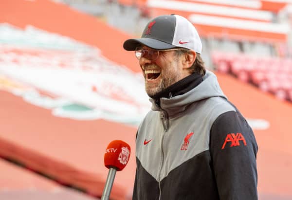 LIVERPOOL, ENGLAND - Saturday, April 10, 2021: Liverpool's manager Jürgen Klopp is interviewed by LFC.TV after the FA Premier League match between Liverpool FC and Aston Villa FC at Anfield. Liverpool won 2-1. (Pic by David Rawcliffe/Propaganda)