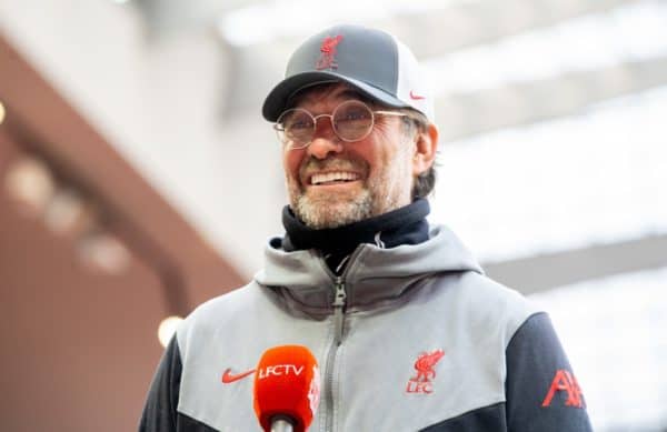 LIVERPOOL, ENGLAND - Saturday, April 10, 2021: Liverpool's manager Jürgen Klopp is interviewed by LFC.TV after the FA Premier League match between Liverpool FC and Aston Villa FC at Anfield. Liverpool won 2-1. (Pic by David Rawcliffe/Propaganda)