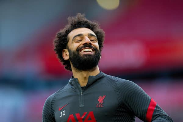 LIVERPOOL, ENGLAND - Saturday, April 10, 2021: Liverpool's Mohamed Salah during the pre-match warm-up before the FA Premier League match between Liverpool FC and Aston Villa FC at Anfield. (Pic by David Rawcliffe/Propaganda)