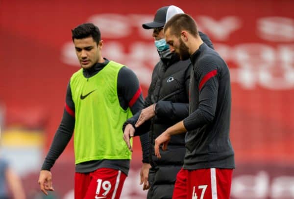 LIVERPOOL, ENGLAND - Saturday, April 10, 2021: Liverpool's manager Jürgen Klopp (C) chats with Ozan Kabak (L) and Nathaniel Phillips (R) during the pre-match warm-up before the FA Premier League match between Liverpool FC and Aston Villa FC at Anfield. (Pic by David Rawcliffe/Propaganda)