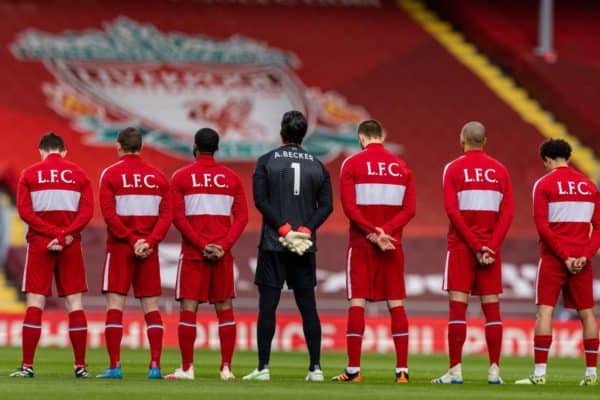 LIVERPOOL, ENGLAND - Saturday 10 April 2021: Liverpool and Aston Villa players stand for a minute's silence following the death of Prince Philip the day before the FA Premier League game between Liverpool FC and Aston Villa FC in Anfield.  (Image by David Rawcliffe / Propaganda)