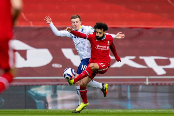 LIVERPOOL, ENGLAND - Saturday, April 10, 2021: Liverpool's Mohamed Salah (R) and Aston Villa's Matt Targett during the FA Premier League match between Liverpool FC and Aston Villa FC at Anfield. (Pic by David Rawcliffe/Propaganda)