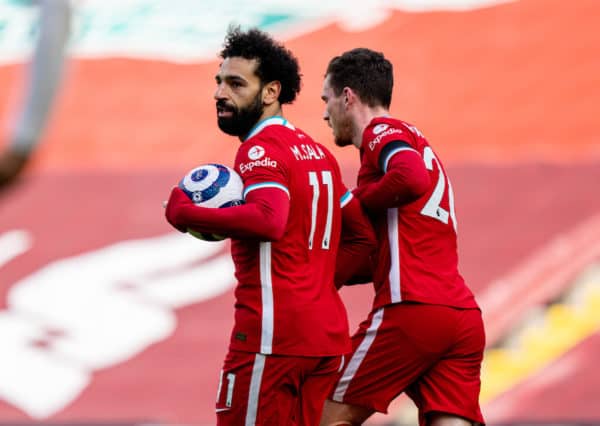 LIVERPOOL, ENGLAND - Saturday, April 10, 2021: Liverpool's Mohamed Salah celebrates after scoring the first equalising goal during the FA Premier League match between Liverpool FC and Aston Villa FC at Anfield. (Pic by David Rawcliffe/Propaganda)