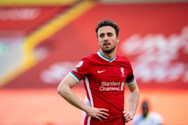 LIVERPOOL, ENGLAND - Saturday, April 10, 2021: Liverpool's Diogo Jota looks dejected after missing a chance during the FA Premier League match between Liverpool FC and Aston Villa FC at Anfield. (Pic by David Rawcliffe/Propaganda)