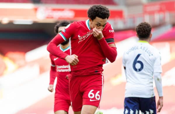 LIVERPOOL, ENGLAND - Saturday, April 10, 2021: Liverpool's Trent Alexander-Arnold celebrates after scoring the second goal during the FA Premier League match between Liverpool FC and Aston Villa FC at Anfield. (Pic by David Rawcliffe/Propaganda)