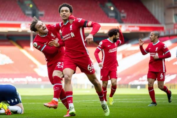 LIVERPOOL, ENGLAND - Saturday April 10, 2021: Liverpool's Trent Alexander-Arnold (R) celebrates with teammate Xherdan Shaqiri after scoring the second goal during the FA Premier League game between Liverpool FC and Aston Villa FC in Anfield.  (Image by David Rawcliffe / Propaganda)