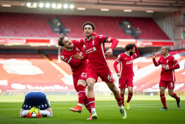 LIVERPOOL, ENGLAND - Saturday, April 10, 2021: Liverpool's Trent Alexander-Arnold (R) celebrates with team-mate Xherdan Shaqiri after scoring the second goal during the FA Premier League match between Liverpool FC and Aston Villa FC at Anfield. (Pic by David Rawcliffe/Propaganda)