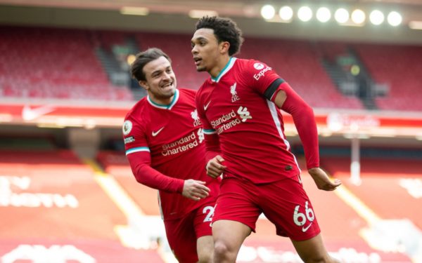 LIVERPOOL, ENGLAND - Saturday, April 10, 2021: Liverpool's Trent Alexander-Arnold (R) celebrates with team-mate Xherdan Shaqiri after scoring the second goal during the FA Premier League match between Liverpool FC and Aston Villa FC at Anfield. (Pic by David Rawcliffe/Propaganda)