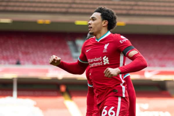 LIVERPOOL, ANGLETERRE - Samedi 10 avril 2021: Trent Alexander-Arnold de Liverpool célèbre après avoir marqué le deuxième but lors du match de la FA Premier League entre Liverpool FC et Aston Villa FC à Anfield.  (Photo par David Rawcliffe / Propagande)