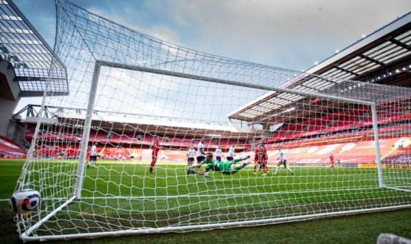 LIVERPOOL, ENGLAND - Saturday, April 10, 2021: Aston Villa's goalkeeper Emiliano Martínez is beaten as Liverpool's Trent Alexander-Arnold scores the winning goal during the FA Premier League match between Liverpool FC and Aston Villa FC at Anfield. (Pic by David Rawcliffe/Propaganda)