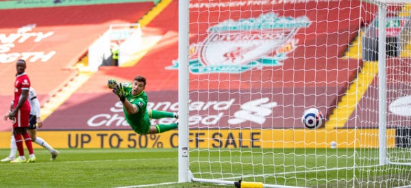 LIVERPOOL, ENGLAND - Saturday, April 10, 2021: Aston Villa's goalkeeper Emiliano Martínez is beaten as Liverpool's Trent Alexander-Arnold scores the winning second goal during the FA Premier League match between Liverpool FC and Aston Villa FC at Anfield. (Pic by David Rawcliffe/Propaganda)