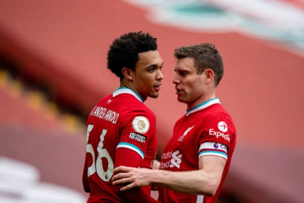 LIVERPOOL, ENGLAND - Saturday, April 10, 2021: Liverpool's Trent Alexander-Arnold (L) celebrates with team-mate James Milner after scoring the winning second goal during the FA Premier League match between Liverpool FC and Aston Villa FC at Anfield. (Pic by David Rawcliffe/Propaganda)