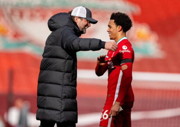 LIVERPOOL, ENGLAND - Saturday, April 10, 2021: Liverpool's manager Jürgen Klopp (L) with match-winning goal-scorer Trent Alexander-Arnold after the FA Premier League match between Liverpool FC and Aston Villa FC at Anfield. (Pic by David Rawcliffe/Propaganda)