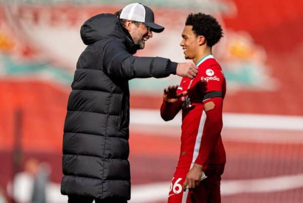 LIVERPOOL, ENGLAND - Saturday, April 10, 2021: Liverpool's manager Jürgen Klopp (L) with match-winning goal-scorer Trent Alexander-Arnold after the FA Premier League match between Liverpool FC and Aston Villa FC at Anfield. (Pic by David Rawcliffe/Propaganda)