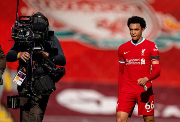 LIVERPOOL, ENGLAND - Saturday, April 10, 2021: Liverpool's match-winning goal-scorer Trent Alexander-Arnold after the FA Premier League match between Liverpool FC and Aston Villa FC at Anfield. (Pic by David Rawcliffe/Propaganda)