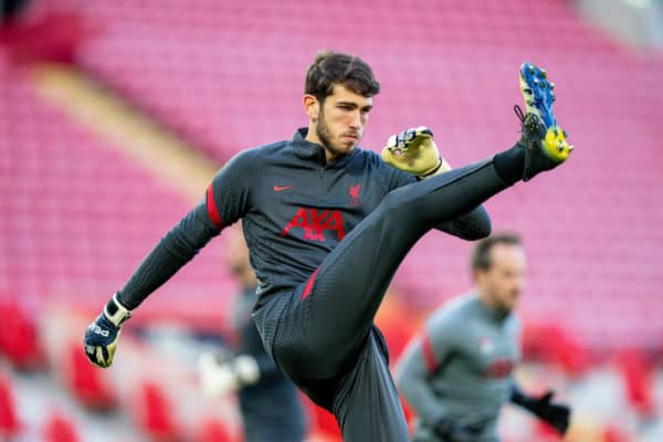 LIVERPOOL, ENGLAND - Wednesday, April 14, 2021: Liverpool's Harvey Davies during the UEFA Champions League Quarter-Final 2nd Leg game between Liverpool FC and Real Madird CF at Anfield. (Pic by David Rawcliffe/Propaganda)