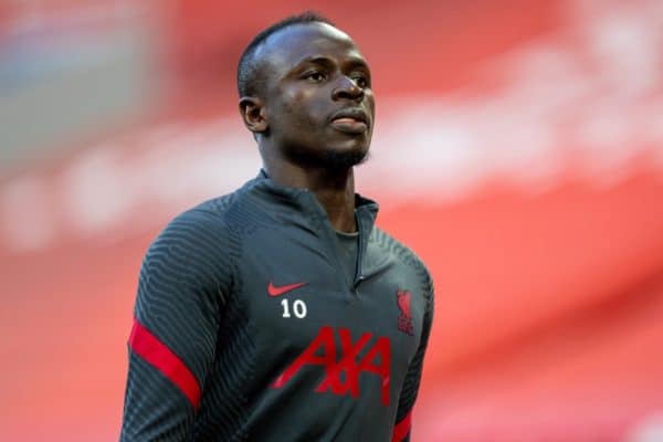 LIVERPOOL, ENGLAND - Wednesday, April 14, 2021: Liverpool's Sadio Mané during the pre-match warm-up before the UEFA Champions League Quarter-Final 2nd Leg game between Liverpool FC and Real Madird CF at Anfield. (Pic by David Rawcliffe/Propaganda)