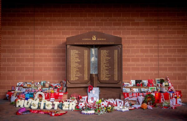 LIVERPOOL, ENGLAND - Wednesday, April 14, 2021: Floral tributes left at the eternal flame memorial for the 96 victims of the Hillsborough Disater pictured before the UEFA Champions League Quarter-Final 2nd Leg game between Liverpool FC and Real Madird CF at Anfield. (Pic by David Rawcliffe/Propaganda)