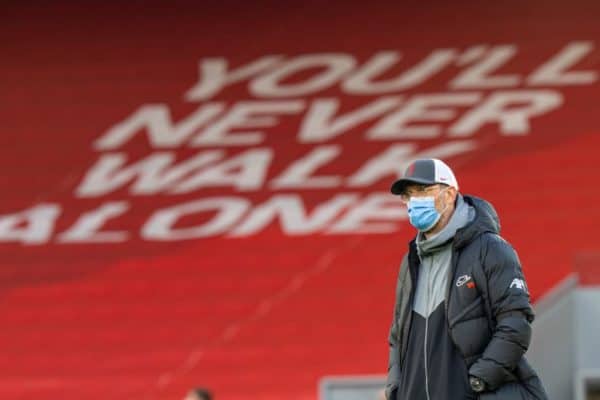 LIVERPOOL, ENGLAND - Wednesday, April 14, 2021: "You'll Never Walk Alone" Liverpool's manager Jürgen Klopp during the pre-match warm-up before the UEFA Champions League Quarter-Final 2nd Leg game between Liverpool FC and Real Madird CF at Anfield. (Pic by David Rawcliffe/Propaganda)