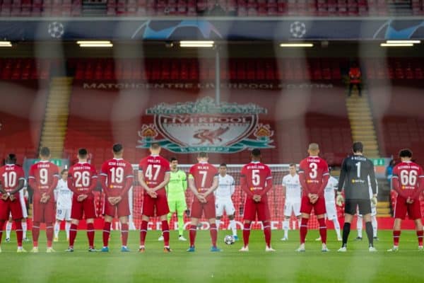 LIVERPOOL, ENGLAND - Wednesday, April 14, 2021: Liverpool and Real Madrid players stand for a moment's silence to remember the victims of the Hillsborough Stadium Disaster on the eve of the 32th anniversary before the UEFA Champions League Quarter-Final 2nd Leg game between Liverpool FC and Real Madird CF at Anfield. (Pic by David Rawcliffe/Propaganda)