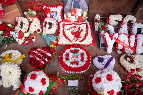 LIVERPOOL, ENGLAND - Wednesday, April 14, 2021: Floral tributes left at the eternal flame memorial for the 96 victims of the Hillsborough Disater pictured before the UEFA Champions League Quarter-Final 2nd Leg game between Liverpool FC and Real Madird CF at Anfield. (Pic by David Rawcliffe/Propaganda)