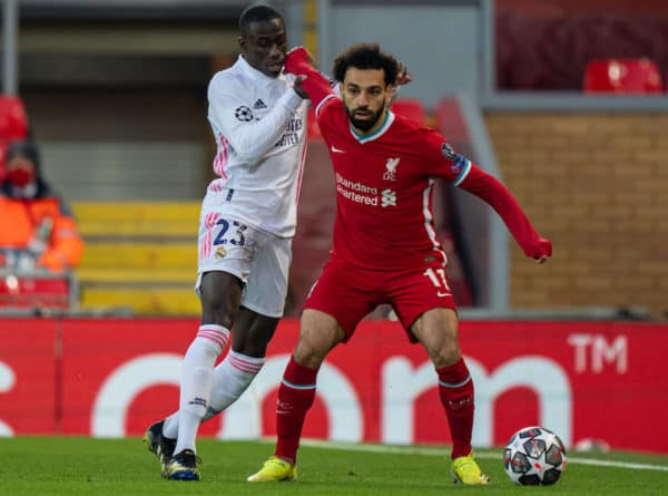 LIVERPOOL, ENGLAND - Wednesday, April 14, 2021: Liverpool's Mohamed Salah (R) and Real Madrid's Ferland Mendy during the UEFA Champions League Quarter-Final 2nd Leg game between Liverpool FC and Real Madird CF at Anfield. (Pic by David Rawcliffe/Propaganda)