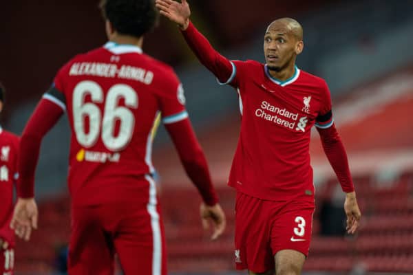 LIVERPOOL, ENGLAND - Wednesday, April 14, 2021: Liverpool's Fabio Henrique Tavares 'Fabinho' during the UEFA Champions League Quarter-Final 2nd Leg game between Liverpool FC and Real Madird CF at Anfield. (Pic by David Rawcliffe/Propaganda)