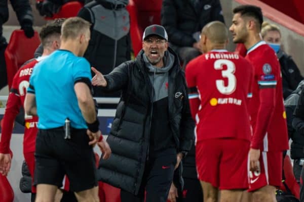 LIVERPOOL, ENGLAND - Wednesday, April 14, 2021: Liverpool's manager Jürgen Klopp reacts during the UEFA Champions League Quarter-Final 2nd Leg game between Liverpool FC and Real Madird CF at Anfield. (Pic by David Rawcliffe/Propaganda)