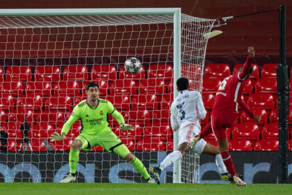 LIVERPOOL, ENGLAND - Wednesday, April 14, 2021: Real Madrid's goalkeeper Thibaut Courtois watches as Liverpool's Georginio Wijnaldum shoots over the bar during the UEFA Champions League Quarter-Final 2nd Leg game between Liverpool FC and Real Madird CF at Anfield. (Pic by David Rawcliffe/Propaganda)