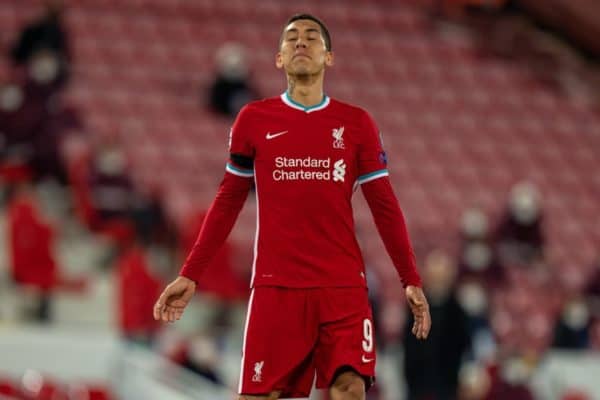 LIVERPOOL, ENGLAND - Wednesday, April 14, 2021: Liverpool's Roberto Firmino looks dejected after missing a chance during the UEFA Champions League Quarter-Final 2nd Leg game between Liverpool FC and Real Madird CF at Anfield. (Pic by David Rawcliffe/Propaganda)