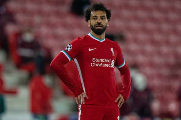 LIVERPOOL, ENGLAND - Wednesday, April 14, 2021: Liverpool's Mohamed Salah looks dejected during the UEFA Champions League Quarter-Final 2nd Leg game between Liverpool FC and Real Madird CF at Anfield. (Pic by David Rawcliffe/Propaganda)