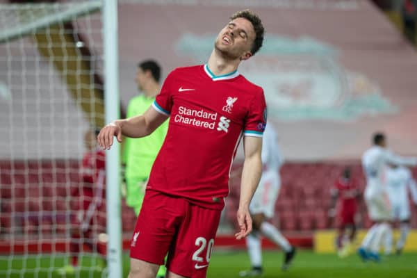 LIVERPOOL, ENGLAND - Wednesday, April 14, 2021: Liverpool's Diogo Jota looks dejected after missing a chance during the UEFA Champions League Quarter-Final 2nd Leg game between Liverpool FC and Real Madird CF at Anfield. (Pic by David Rawcliffe/Propaganda)