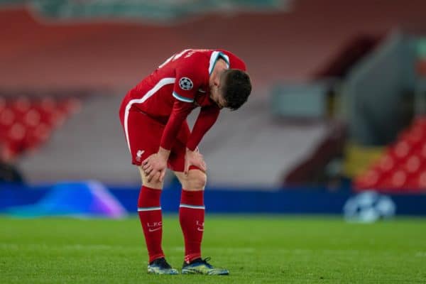 LIVERPOOL, ENGLAND - Wednesday, April 14, 2021: Liverpool's Andy Robertson looks dejected after the UEFA Champions League Quarter-Final 2nd Leg game between Liverpool FC and Real Madird CF at Anfield. The game ended in a goal-less draw, Real Madrid won 3-1 on aggregate. (Pic by David Rawcliffe/Propaganda)