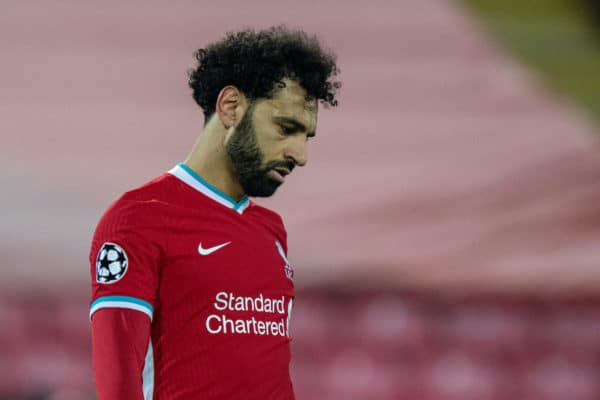 LIVERPOOL, ENGLAND - Wednesday, April 14, 2021: Liverpool's Mohamed Salah looks dejected after the UEFA Champions League Quarter-Final 2nd Leg game between Liverpool FC and Real Madird CF at Anfield. The game ended in a goal-less draw, Real Madrid won 3-1 on aggregate. (Pic by David Rawcliffe/Propaganda)