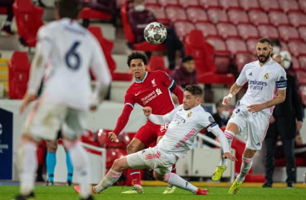 LIVERPOOL, ENGLAND - Wednesday, April 14, 2021: Liverpool's Trent Alexander-Arnold crosses the ball during the UEFA Champions League Quarter-Final 2nd Leg game between Liverpool FC and Real Madird CF at Anfield. (Pic by David Rawcliffe/Propaganda)