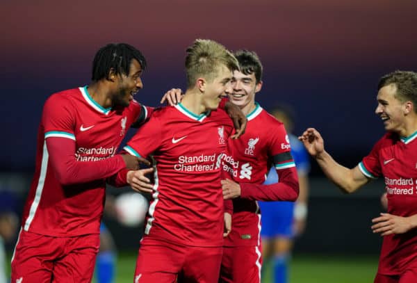 LEICESTER, ENGLAND - Friday, April 16, 2021: Liverpool’s Max Woltman celebrates scoring the third goal with team-mates during the FA Youth Cup 5th Round match between Leicester City FC and Liverpool FC at the Leicester City Academy. (Pic by David Rawcliffe/Propaganda)