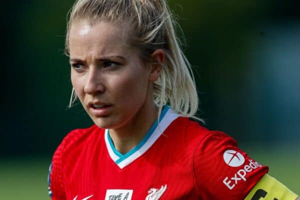 LOUGHBOROUGH, ENGLAND - Sunday, April 18, 2021: Liverpool's captain Kirsty Linnett, making her 50th appearance for the club, during the Women’s FA Cup 4th Round match between Leicester City FC Women and Liverpool FC Women at Farley Way Stadium. (Pic by Darren Staples/Propaganda)