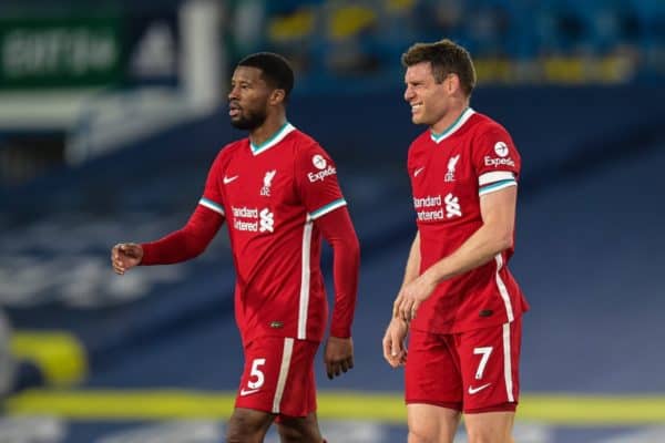 LEEDS, ENGLAND - Monday, April 19, 2021: Liverpool's Georginio Wijnaldum (L) and James Milner after the FA Premier League match between Leeds United FC and Liverpool FC at Elland Road. (Pic by Propaganda)