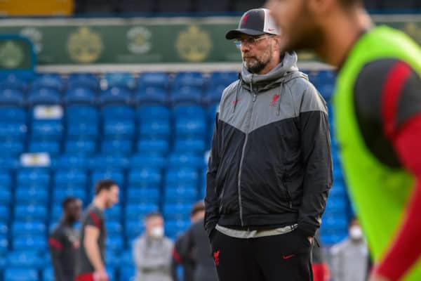 LEEDS, ENGLAND - Monday, April 19, 2021: Liverpool's manager Jürgen Klopp during the pre-match warm-up before during the FA Premier League match between Leeds United FC and Liverpool FC at Elland Road. (Pic by Propaganda)