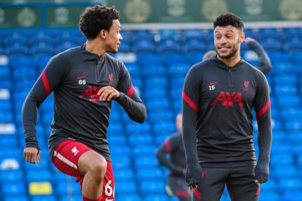 LEEDS, ENGLAND - Monday, April 19, 2021: Liverpool's Alex Oxlade-Chamberlain (R) and Trent Alexander-Arnold (L) during the pre-match warm-up before during the FA Premier League match between Leeds United FC and Liverpool FC at Elland Road. (Pic by Propaganda)