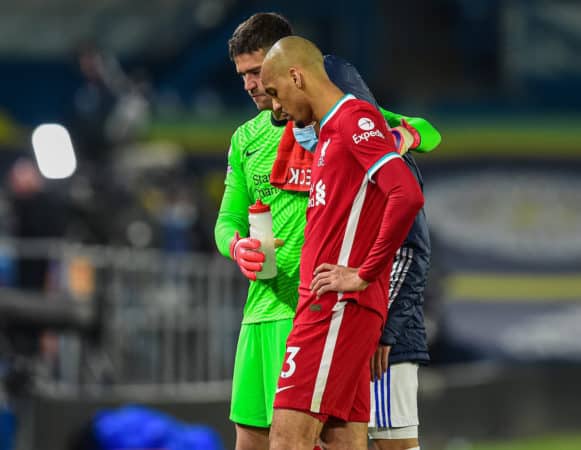 LEEDS, ENGLAND - Monday, April 19, 2021: Liverpool's goalkeeper Alisson Becker (L) and Fabio Henrique Tavares 'Fabinho' after the FA Premier League match between Leeds United FC and Liverpool FC at Elland Road. The game ended in a 1-1 draw. (Pic by Propaganda)