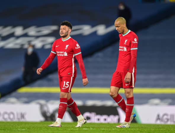 LEEDS, ENGLAND - Monday, April 19, 2021: Liverpool's Alex Oxlade-Chamberlain (L) and Fabio Henrique Tavares 'Fabinho' after the FA Premier League match between Leeds United FC and Liverpool FC at Elland Road. The game ended in a 1-1 draw. (Pic by Propaganda)