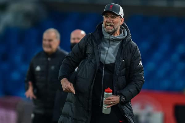 LEEDS, ENGLAND - Monday, April 19, 2021: Liverpool's manager Jürgen Klopp reacts during the FA Premier League match between Leeds United FC and Liverpool FC at Elland Road. (Pic by Propaganda)