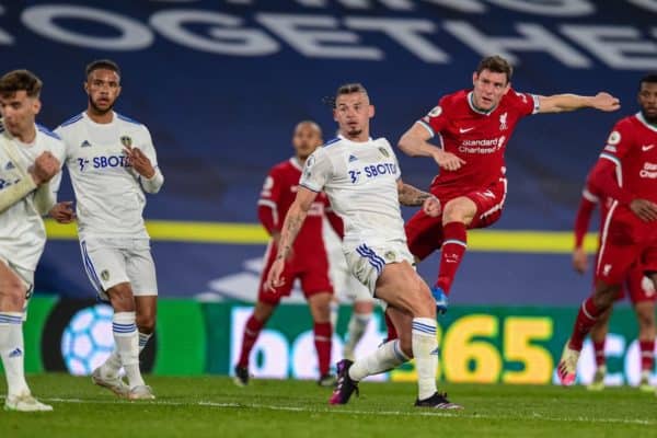 LEEDS, ENGLAND - Monday, April 19, 2021: Liverpool's James Milner shoots during the FA Premier League match between Leeds United FC and Liverpool FC at Elland Road. (Pic by Propaganda)