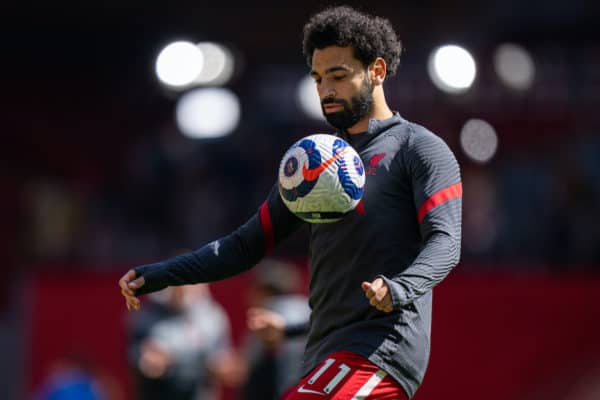 LIVERPOOL, ENGLAND - Saturday, April 24, 2021: Liverpool's Mohamed Salah during the pre-match warm-up before the FA Premier League match between Liverpool FC and Newcastle United FC at Anfield. (Pic by David Rawcliffe/Propaganda)