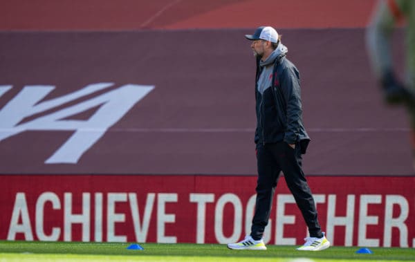 LIVERPOOL, ENGLAND - Saturday, April 24, 2021: "Achieve Together" Liverpool's manager Jürgen Klopp during the pre-match warm-up before the FA Premier League match between Liverpool FC and Newcastle United FC at Anfield. (Pic by David Rawcliffe/Propaganda)