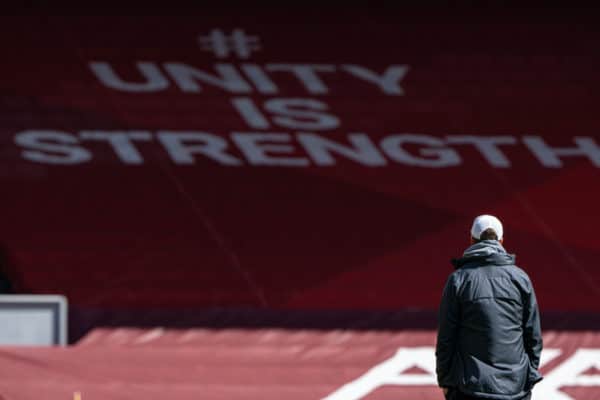 LIVERPOOL, ENGLAND - Saturday, April 24, 2021: "Unity is strength" Liverpool's manager Jürgen Klopp during the pre-match warm-up before the FA Premier League match between Liverpool FC and Newcastle United FC at Anfield. (Pic by David Rawcliffe/Propaganda)